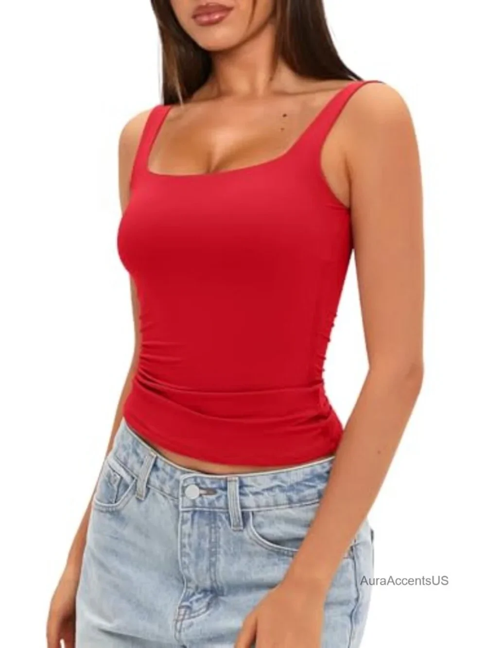 Women's Padded Square Neck Tank Top Double Layer Sleeveless Built in Bra